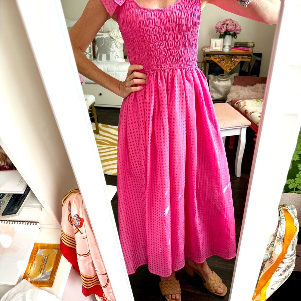 Hot Pink Smocked Midi Dress Ruffle Strap Barbiecore Summer - Picture 2 of 4